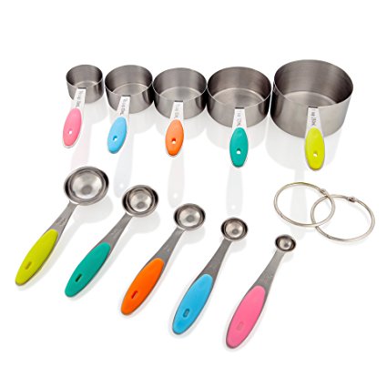 10 Pcs Stainless Steel Measuring Cups and Spoons by CHOICE@HOME - Polished Stackable Set with Ring Holder and Engraved Volumes on Colorful Silicone Handles – Accurate Measurement for Cooking or Baking