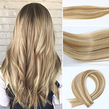 Vario Tape In Hair Extensions Two-tone Colored Hair Bleach Blonde (Color #613) Highlighted with light Golden Brown (Color #12) (16Inche 30g/20PCS #12p613)