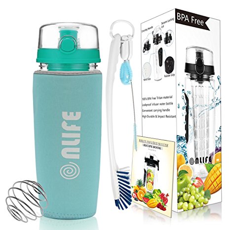 Nlife Large 32oz Fruit Infuser Water Bottle with Full Length Infusion Rod, Flip Top Lid Ideal for Running, Cycling, Gym, Travel, and Camping (Free Blender Balls Recipe Book Gift)