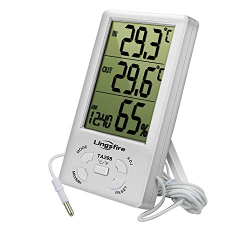 LINGSFIRE Digital LCD Indoor/Outdoor Thermometer Humidity Hygrometer With Min/Max Value And Clock (TA298)
