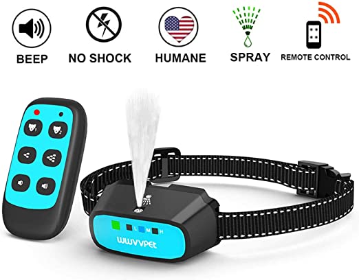 WWVVPET Spray Dog Training Collar,2 Modes Citronella Dog Bark Collar (Not Included Citronella Spray),500 ft Rechargeable No Electric Shock Harmless (Blue (with Remote Control))