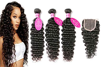 Younsolo Deep Wave Bundles with Closure 8A 100% Unprocessed Virgin Human Hair Deep Wave Bundles with Closure 4x4 Free Part Lace Closure and Bundles Human Hair Extensions (16 18 20+14, Natural Color) …