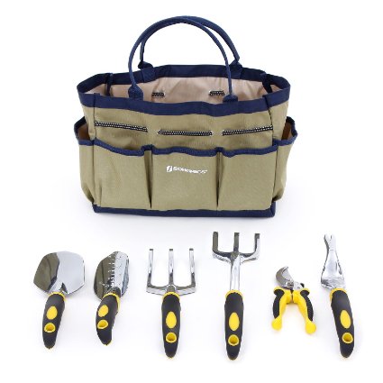 Songmics 7 Piece Garden Tool Set Includes 6 Tools w Heavy Duty Cast-aluminum Heads and Ergonomic Handles and 1 Garden Tote UGGB30L