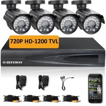 DEFEWAY 720P HD 1200TVL Surveillance Camera System with 4CH 720P AHD CCTV DVR and 4 Outdoor Security Cameras NO Hard Drive - Quick Remote Access Setup with Free App - 110ft(33m) IR Night Vision