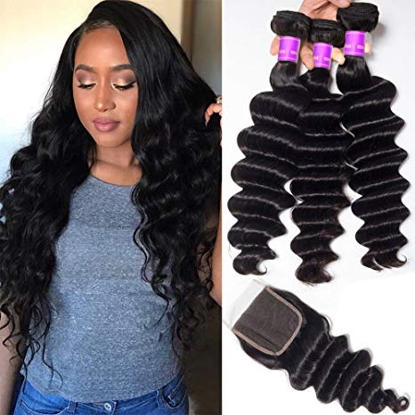 Ugrace Hair Loose Curly Hair Bundles with Closure Brazilian Virgin Hair Loose Deep Wave with Closure with Baby Hair Soft and Bouncy Natural Wave Human Hair with Closure 10 12 14 10 Inch Free Part