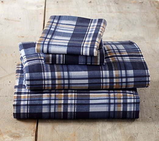 Stratton Collection Extra Soft Printed 100% Cotton Flannel Sheet Set. Warm, Cozy, Lightweight, Luxury Winter Bed Sheets. By Home Fashion Designs Brand. (Queen, Blue & Brown Plaid)