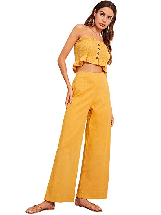 Floerns Women's Strapless Tube Top and Pants Two Piece Set