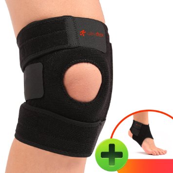 Ultra Flex Athletics  Best Knee Brace and Support Open PatellaOne Size Adjustable Neoprene good Sports Compression  relieves joint pain and treats Arthritis Acl Tear Meniscus Tear Tendonitis  Bonus Ankle Brace