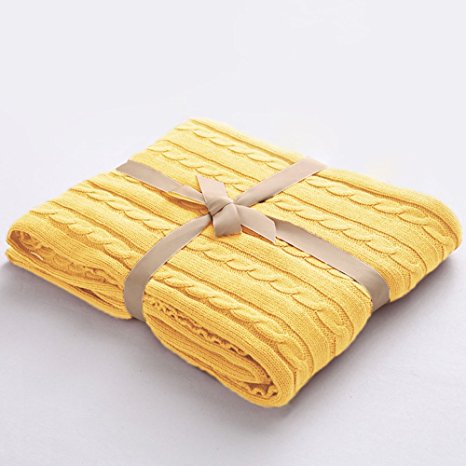 NTBAY 100% Cotton Cable Knit Throw Blanket Super Soft Warm Multi Color(51”x 67”, Yellow)