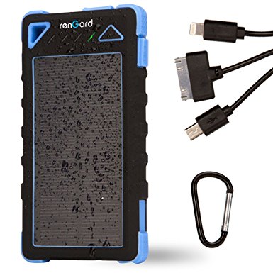 RenGard Solar Powered Charger 8000mAh - Outdoor Portable Power Bank - Dual USB Port and Led Flashlight - Rain-, Dust-Proof and Shock-Resistant -Drawstring Pouch Bag and 3-in-1 Cable - Black&Blue