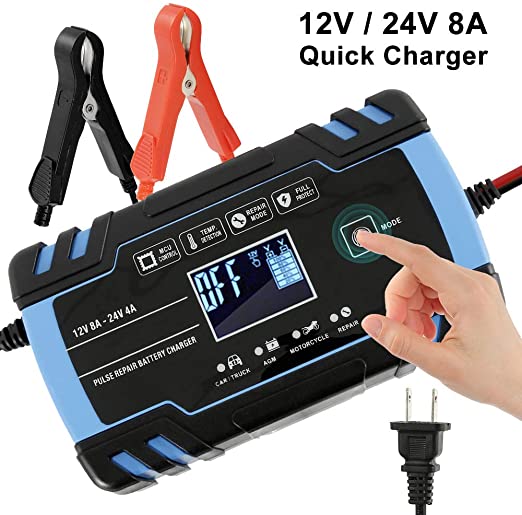 Upgraded 12V/24V Automatic Smart Battery Charger/Maintainer Delivers, Pulse Repair Battery Charger with LCD Screen, Intelligent Mode Overvoltage Protection Temperature Monitoring for Car, Truck, Motorcycle, Lawn Mower, Boat (Blue)
