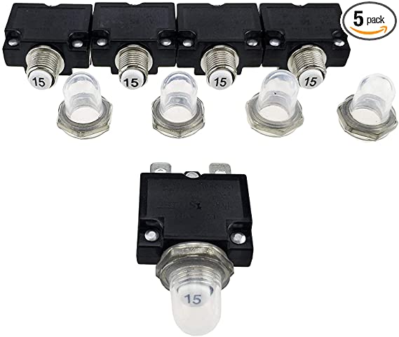 T Tocas 5pcs Push Button Reset 15A Circuit Breakers with Quick Connect Terminals and Waterproof Button Cap