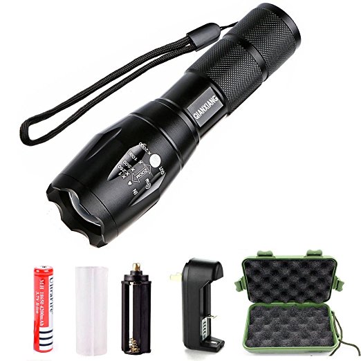 LED Tactical Flashlight,QIANXIANG 900 Lumen XML-T6 Portable Outdoor Water Resistant Torch with Adjustable Focus and 5 Light Modes,Rechargeable 18650 Lithium Ion Battery and Charger