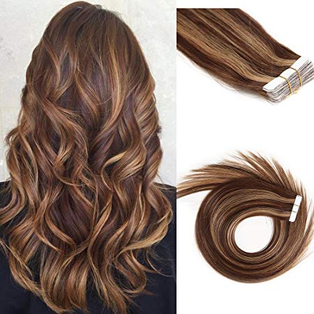 Tape in Hair Extensions Human Hair Medium Browm/Strawberry Balayage Hair Extensions 30g 16 inch #4/27 Glue in Tape on Highlighted Extensions Silky Straight Skin Weft 20 Pcs/Package
