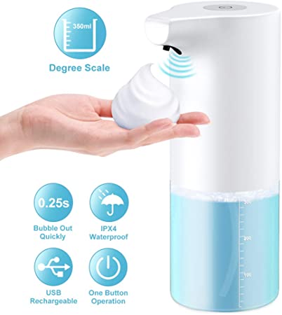 NANW Automatic Soap Dispenser, 350ml Touchless Infrared Motion Sensor Foaming Soap Dispenser, USB Rechargeable Hand Sanitizer Liquid Container for Kitchen, Bathroom, Office & Hotel, White