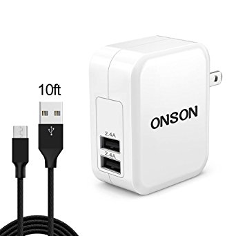 ONSON USB Charger,4.8A 24W Dual USB Portable Travel Wall Charger Adapter with Foldable Plug   10FT Long Micro USB Cable Android Charging Cord for Samsung Galaxy S7 Edge/S6 Edge/S5/S4/Note 5