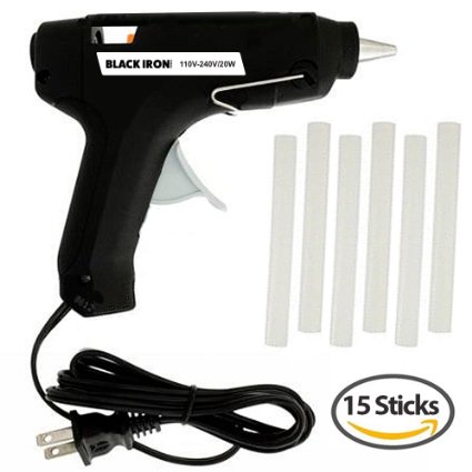 Black Iron Hot Glue Gun with 15 Pcs Melt Glue Sticks High Temperature 20w