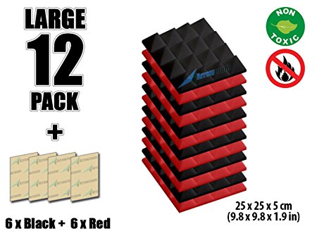 Arrowzoom New 12 Pack of Red & Black (25 X 25 X 5cm) Soundproofing Pyramid Acoustic Foam Studio Absorbing Tiles Pads Wall Panels (RED&BLACK)