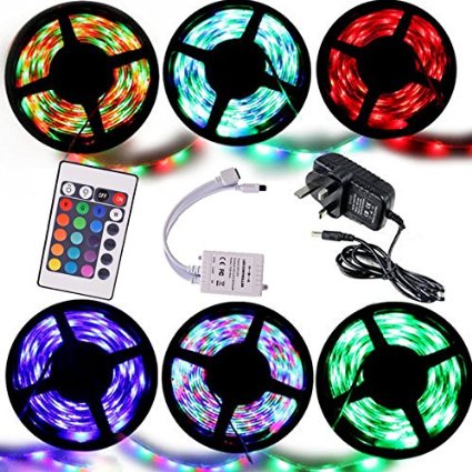 Noza Tec 5M RGB 3528 300 Led Strips Lighting Full Kit With 24Key IR Remote 2A AC UK Power Supply For Home lighting and Kitchen Non-Waterproof