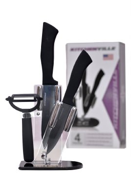 Kitchenville Ceramic Knife Set - Cutlery Set - Ceramic Knife - Black Kitchen Ceramic Knives Include 5 Chefs Knife - 4 Utility Knife and Peeler with Classy Block