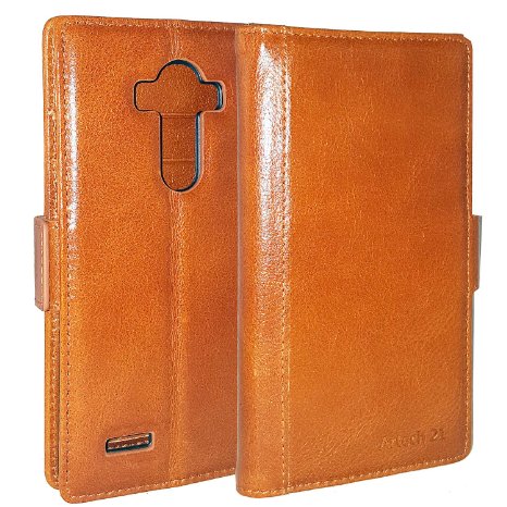 Lg G4 Wallet Case -- Artech 21 Premium Italian  Genuine Leather  Handmade Case for Lg G4 -- Retro Style Book  Vintage Book Credit Cards Slots Stand Feature - Tan