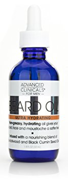 Advanced Clinicals Men’s Beard Oil with sandalwood and black cumin seed oils for dry, prickly beards and moustaches. Large 1.8oz bottle.