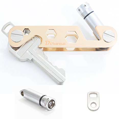 Key Organizer - Smart & Compact Key Holder | 2 - 24 Keys | 5 in 1 Multitool: Keychain, LED Light, Bottle Opener, Mini Wrench & Smartphone Stand   Key Loop & Expansion Pack (Gold)