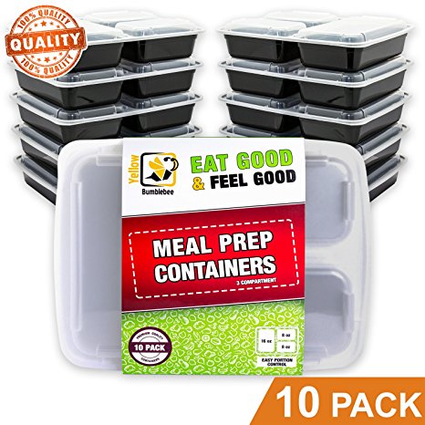 Meal Prep Containers 3 Compartment - Food Storage Containers - Tupperware [Set of 10] - Bento Lunch Boxes by Yellow Bumblebee - 21 Day Fix Portion Control - BPA Free, Reusable, Microwave, Dishwasher