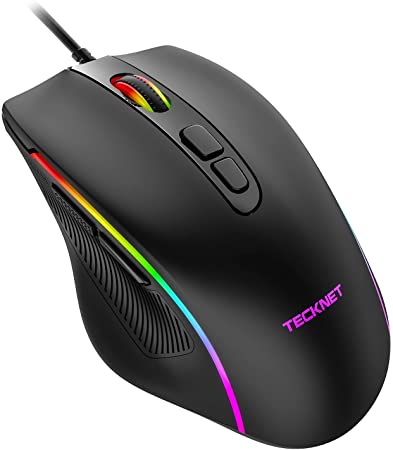 TECKNET Gaming Mouse, Wired Programmable Computer Laptop Mice, Games Ergonomic USB Mouse with RGB Backlight, 7 Programmable Buttons, 6 DPI up to 6400 DPI Adjustable for Win 10/8/7/XP/Vista/Linux
