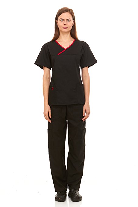 Scrubs For Women Medical Nurses Uniform Crossover Top & Bottom Pants 6 Pocket Full Set Excellent Quality By Denice 943