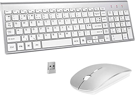 Wireless Keyboard and Mouse Sets,UK Layout 2.4Ghz USB Receiver Full Size Keyboard Combo Compact Compatible with iMac Mac PC Laptop Tablet Computer Windows (Silver White)