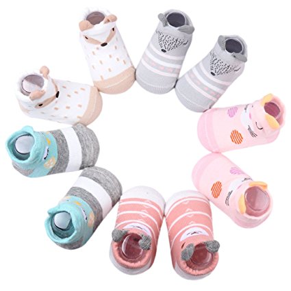 Dicry 5 Pairs Newborn 3D Ears Cartoon Animal Anti Slip Cotton Baby Toddler Socks
