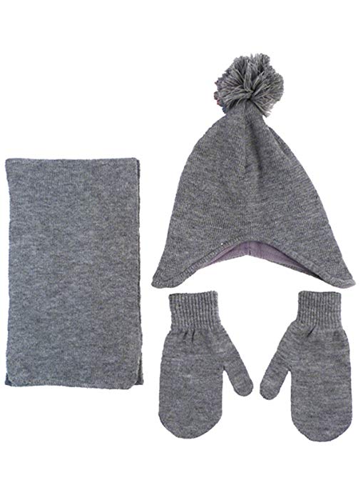 Unisex Kids Toddler 3pcs Winter Warm Knitted Fleece Pom Beanie Scarf Mitten Set