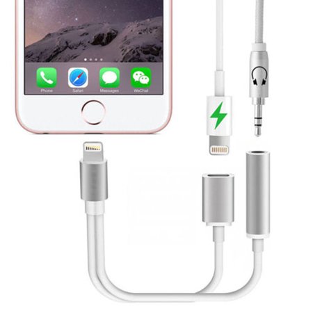 iPhone 7 Adapter 2 in 1 Lightning ,iphone 7 Plus Adapter Lightning to 3.5mm Aux Headphone Jack and Charger Cable for iPhone 7 / 7 plus-Silver