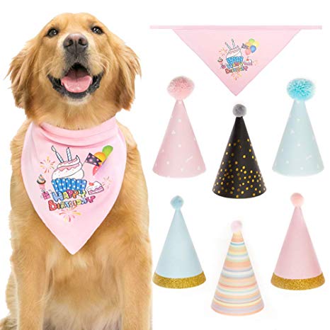 CHERPET Dog Bandana Birthday Triangular Scarf Collar Printed with 6 pcs Cute Happy Party Hats Soft Cotton Great Doggie Bandanas Outfit Decoration Set Perfect for Puppy Kittens Supplies,Pink & Blue