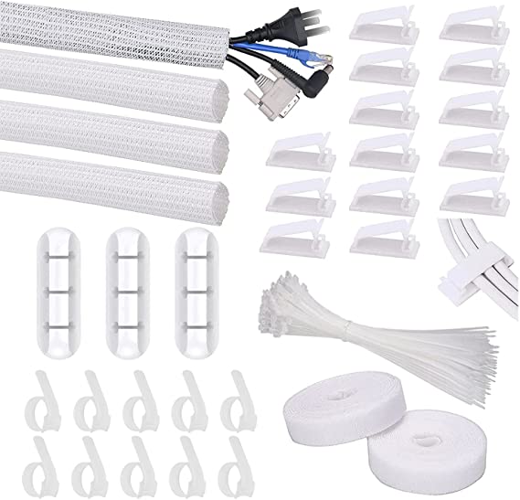 SOULWIT 134Pcs Cable Management Kit, 4 Cable Tubing Sleeve, 3 Silicone Cable Holder, 10 2 Roll Cable Organizer Straps, 15 Large Cord Clips and 100 Wire Fastening Ties for TV PC Under Desk Office