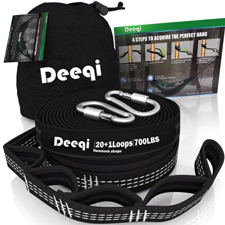 DEEQI XL Hammock Tree Hanging Straps Versatile Eco-friendly 100% No Stretch, 12 Feet, 40 Loops, 2000+ LBS Hammock Suspension Accessories for Camping, Hiking or Backyard - Set of 2 with 2 Carabiners