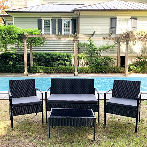 M&W 4 Piece Patio Furniture Set, PE Wicker Rattan Outdoor Sofa, 2 Cushioned Chairs, 1 Loveseat and 1 Coffee Table with Tempered Glass Top for Garden, Backyard, Porch, Balcony, Lawn, Poolside