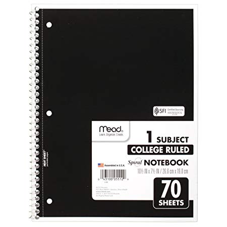 Mead Spiral Notebook, 1 Subject, College Ruled Paper, 70 Sheets, 10-1/2 x 7-1/2, Color Selected For You (05512)