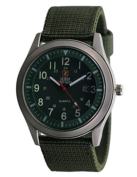 Zeiger Military Mens Watches Analogue Quartz Date Watch for Man Army Green Nylon Band Sport Wristwatch with High Quality Watch Box W283
