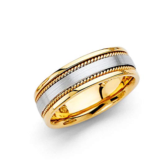 Wedding Band Solid 14k Yellow & White Gold Rope Edge Ring Comfort Fit Two Tone Mens Womens 6 mm