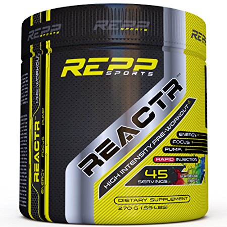 Repp Sports Reactr Explosive Pre-Workout Powder, (Rainbow Burst) 45 Servings