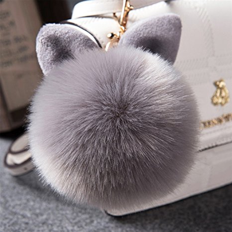 12 cm Rabbit Ears Fur Ball Bag Charms with Golden Keyring Pom Pom, Fluffy Fur Ball Keychain for Car Keyring, Charm Gift (Gray)