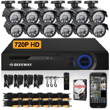 DEFEWAY 16 Channel 720P AHD DVR 12 HD 1200TVL Security Camera System 2TB Hard Drive - Quick Remote Access Setup Free App - Outdoor Video Surveillance Cameras with 100ft(30m) IR Night Vision