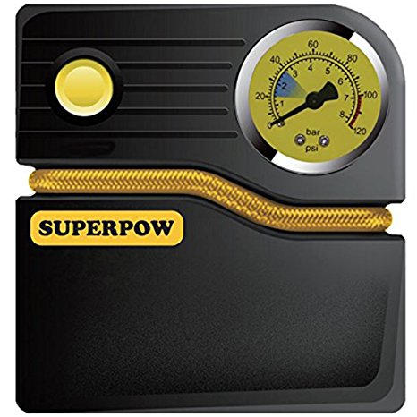 Superpow Air Compressor Pump Portable Tire Inflator Electric Auto with Pressure Gauge 12V DC 120 PSI for Car Vehicles Motorcycle Bicycles Balls Airbed Mattress