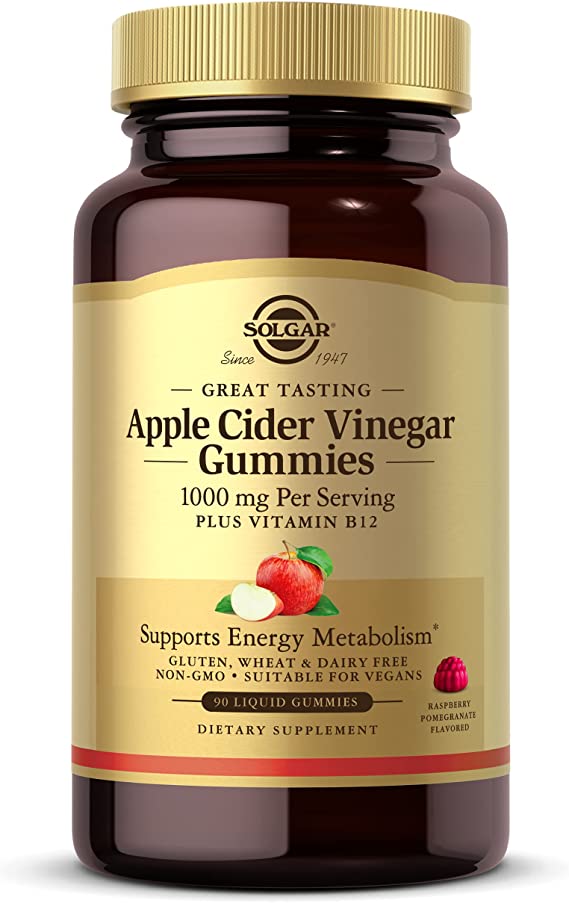 Solgar Apple Cider Vinegar 1000 mg Gummies Great-Tasting Raspberry Pomegranate Flavor, Plus Vitamin B12, Supports Energy Metabolism, Non-GMO & Vegan, 90 Count