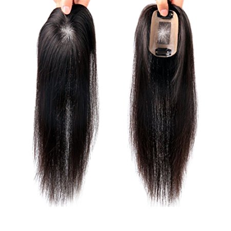 Remeehi 3"x4" Mono Top Piece Real Human Hair Topper Clip in Hair Piece (14inch natural black)