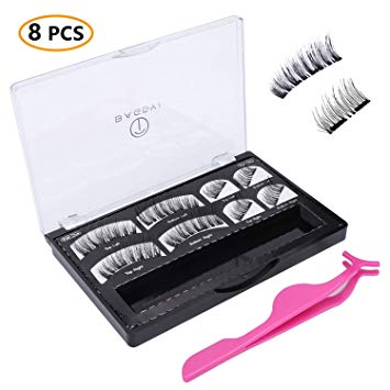 Upgraded Dual Magnetic Eyelashes, BAGEYI 8 PCS Best No Glue False Magnet Lashes Reusable Natural Look Lashes with Tweezers