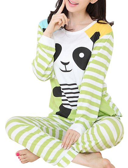 VENTELAN Women Long Sleeve Panda Print Round Neck Pajamas Set Striped Sleepwear