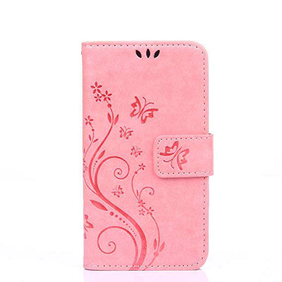 Galaxy J5 2017 Case, BRAVODE PU Embossed Butterfly & Flower Leather Case, Galaxy J5 2017 Stand Flip Wallet Case[Card Slot & Magnetic Closure] for Galaxy J5 2017 -Pink